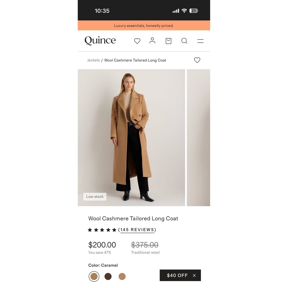 Quince Wool Cashmere Tailored Long Coat Caramel Tan M NEW Minimalist Quiet Lux - Picture 6 of 8